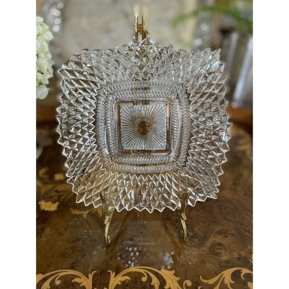 Vintage Clear INDIANA GLASS Co Square Ruffled Diamond Point Candy Nut Dish Bowl - Picture 2 of 6